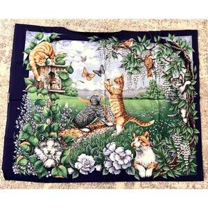 Vtg Springs Quilting Fabric Panel CATS KITTENS Garden Butterfly Birds Cotton Sew